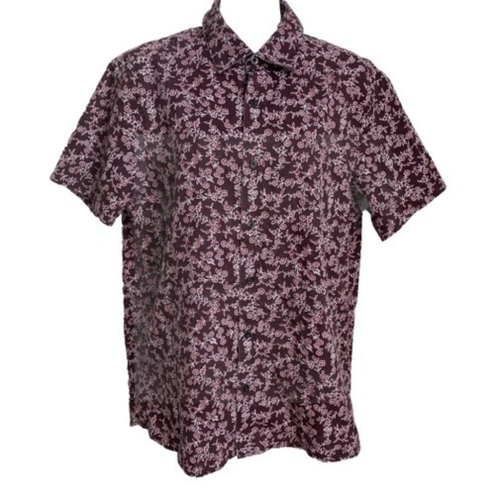 A[x]ist Women’s M Blouse Brown Red Floral Button Up Short sleeve summer preppy
